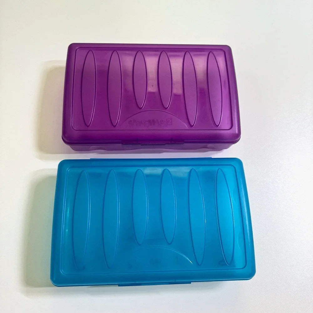Spacemaker 2 Pencil Boxes VTG 90s Y2K Plastic School Supply Storage Blue Purple